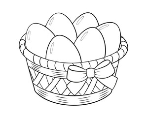 Cartoon Basket with a bow full of Easter eggs doodle style. Happy easter Hand drawn black and white isolated coloring page art therapy. Springtime holiday gift line art. Easter basket Vector 