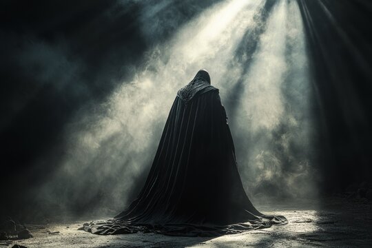 Cloaked figure stands under dramatic light in a misty atmosphere