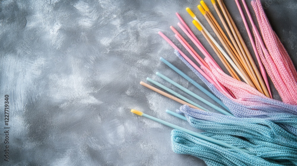 Poster scandinavian haberdashery workshop closure featuring pastel knitting needles on a minimalist gray ba