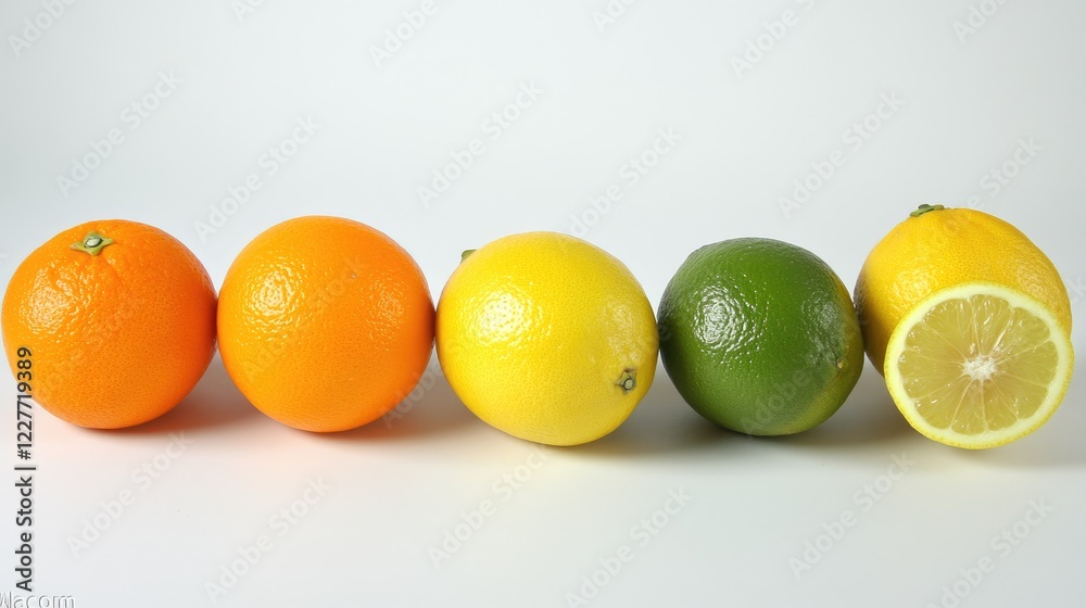 Poster Assorted citrus fruits including oranges lemons and limes arranged in a row on a white background showcasing vibrant colors and textures