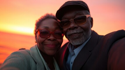 Senior couple enjoying sunset together while capturing a joyful selfie on a beach with a vibrant orange sky.