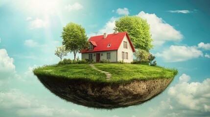 Real Estate Investment Concept with Isolated House Surrounded by Greenery on Floating Island Under Clear Blue Sky