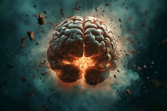 Brain exploding with fiery energy amidst floating debris