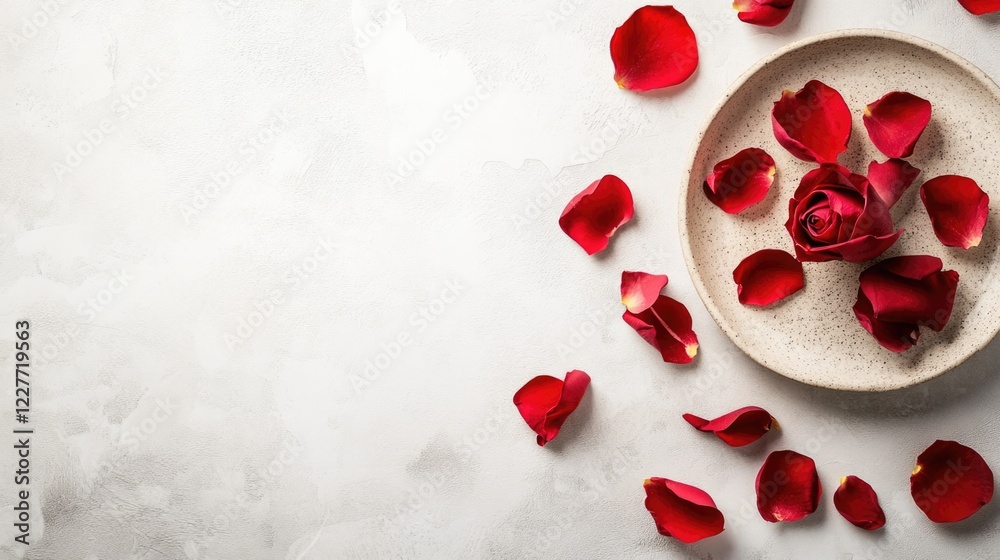Aufkleber Red rose petals elegantly arranged on a light background with ample empty space for text or overlays. Perfect for romantic themes.