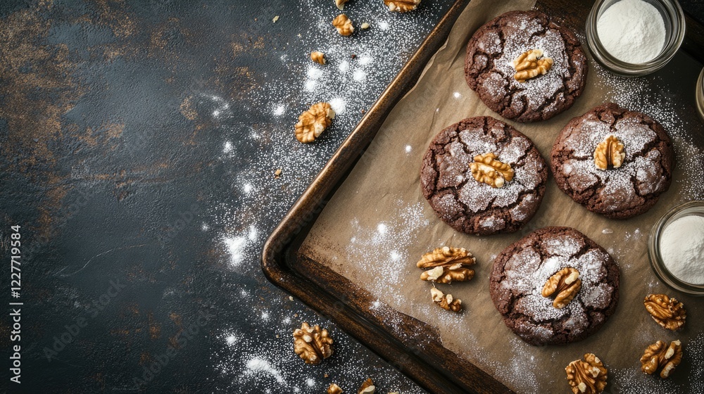 Aufkleber Chocolate walnut cookies dusted with powdered sugar on a baking sheet against a dark background with space for seasonal text or recipes