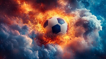 Naklejka premium soccer ball exploding into flames and smoke.
