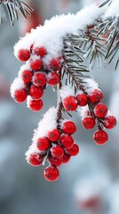 A close-up of some snow-covered red berries hanging from a tree branch.