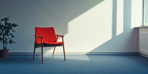 Red Chair in Minimalist Counseling Room with Natural Light and Empty Space for Text or Branding Related to Mental Health Support