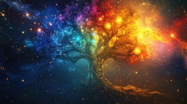 Cosmic tree of life with vibrant chakras and zodiac constellations merging astrology with blockchain in a stunning cosmic landscape