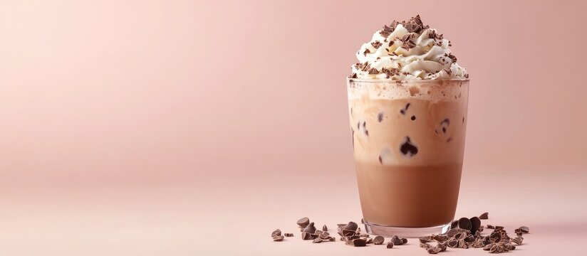Delicious Java Chip Frappuccino with Whipped Cream and Chocolate Shavings on a Soft Pink Background Ideal for Summer Promotions or Menus