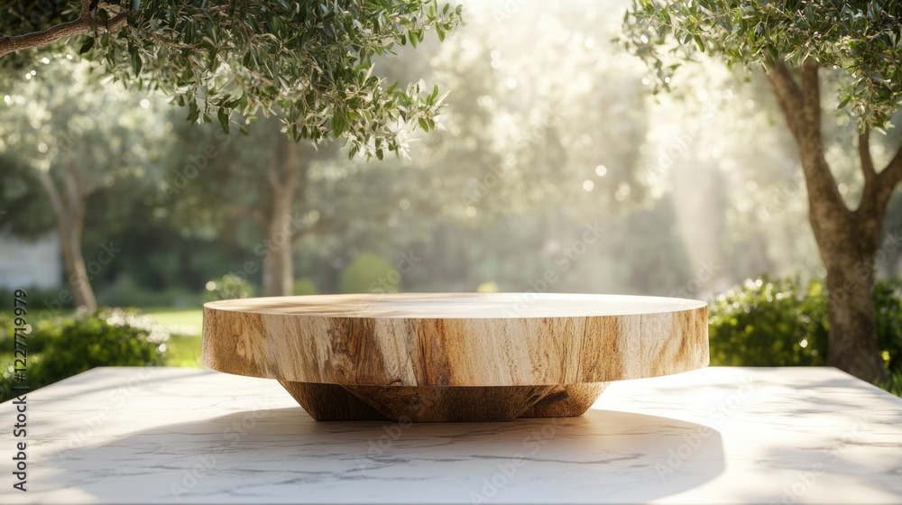 Poster natural wooden coffee table on marble with bright garden backdrop and sunlight filtering through oli