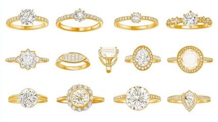 Twelve gold diamond rings with various settings and cuts shown on a white background. Each ring features a brilliant cut center diamond and intricate