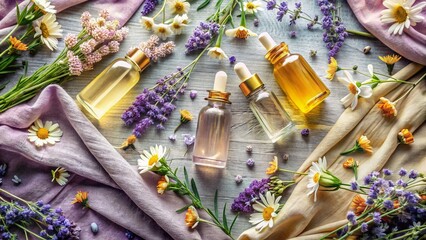 Fototapeta premium Calming Essential Oils Flat Lay: Tranquil Aromatherapy Spa Treatment