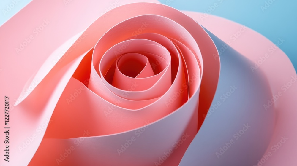 Poster pastel pink rose-shaped paper on a soft blue background creating an elegant and bright space for des