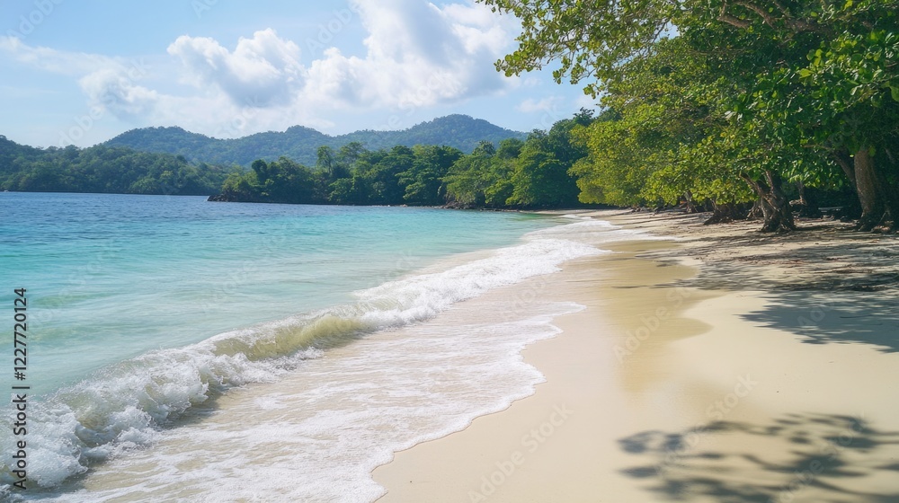 Aufkleber tranquil beach scene with soft waves and lush greenery perfect for relaxation and rejuvenation in na
