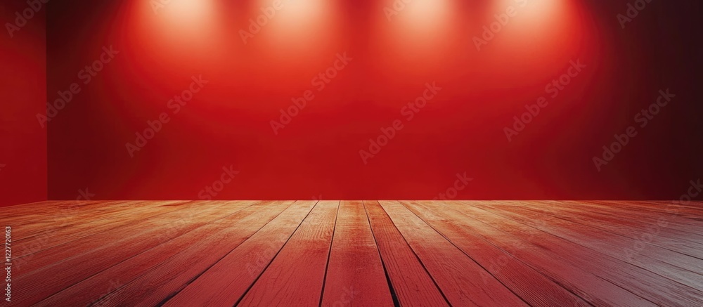 Poster bright red illuminated studio with wooden plank flooring ideal for product advertising and home deco