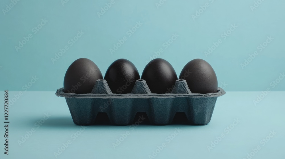 Poster elegant black egg carton with black eggs on light blue background highlighting freshness and empty s