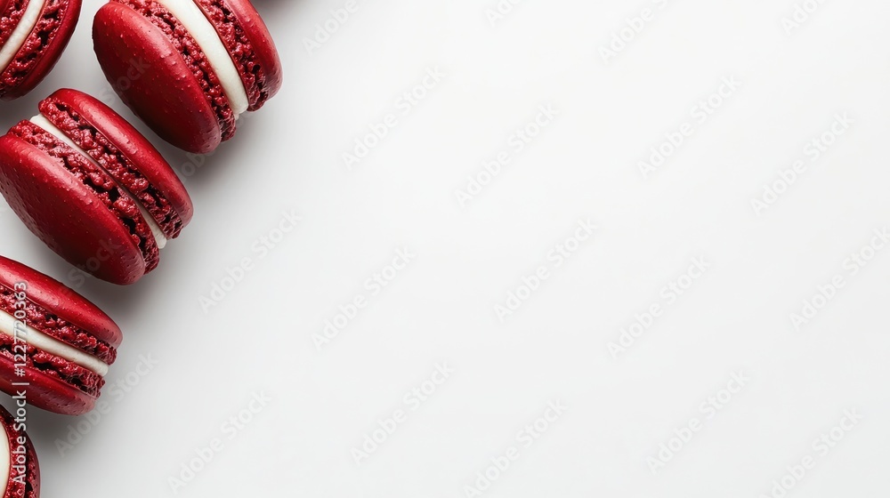 Poster red macarons filled with white chocolate on a clean white background showcasing colorful french past