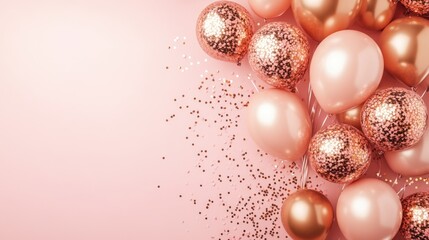 Rose gold balloons with glitter on pastel pink background perfect for celebration party theme with blank space for customized text