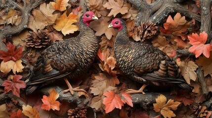 Two wild turkeys among autumn leaves and pine cones. A detailed image showing intricate plumage patterns and warm earthy tones. High angle, close up