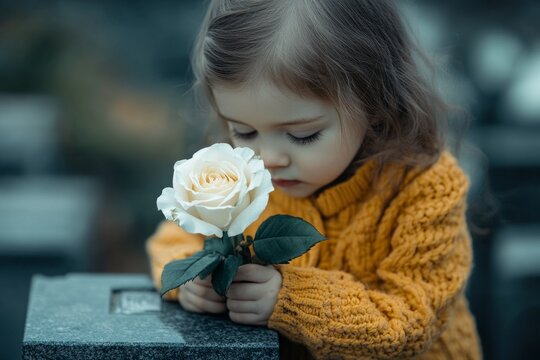 Toddler holding white rose near gravestone in cemetery remembering loved one
