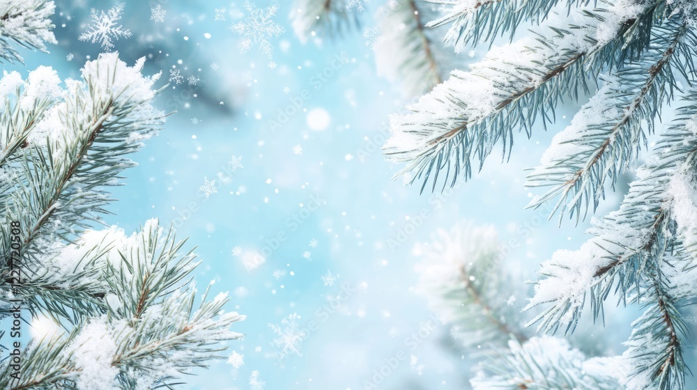 Poster winter wonderland with snowy pine branches and soft blue background for text or banner layout