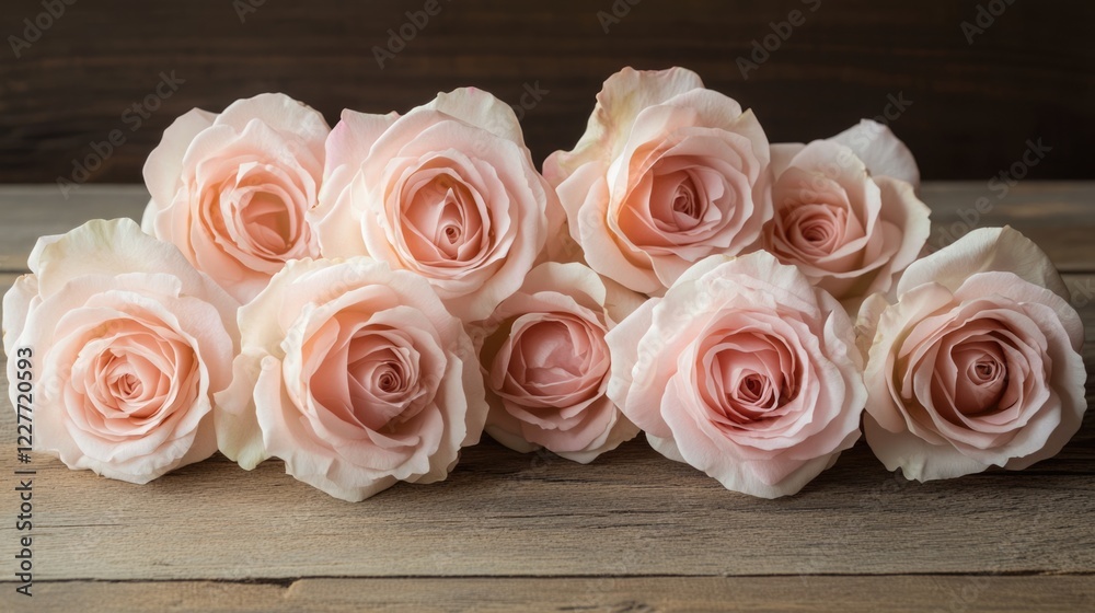 Poster arrangement of pink and pale roses on wooden background with blank space for text or design elements