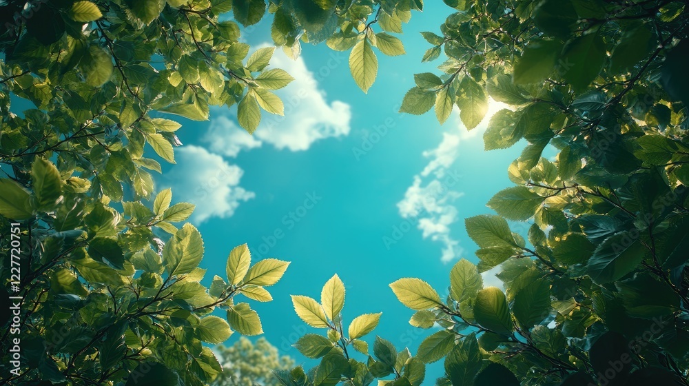 Poster framing nature with tree branches and leaves against a blue sky and fluffy clouds summer background 