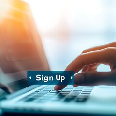 subscribe marketing signup A hand clicking a "Sign Up" button on a laptop keyboard in a bright environment.