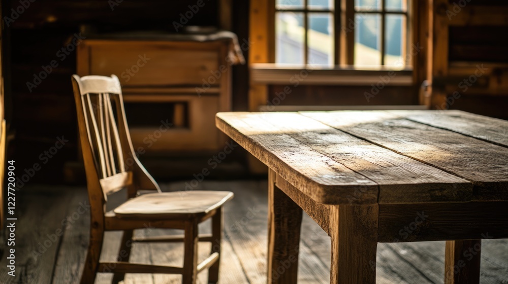 Poster cozy rustic wooden table and chair in a sunlit room with large windows and a warm, inviting atmosphe