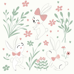 Three white rabbits and pink bow smile happy play  together,pink flowers and slim leaves small heart and circle vector pattern.