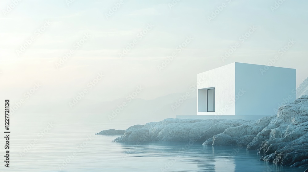 Poster Serene Coastal Landscape with Minimalist Architecture and Soft Focus Effect in Tranquil International Style