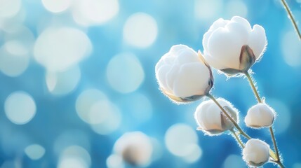 Cotton flower delicately highlighted against a blurred blue background embodying nature's softness and minimalistic beauty
