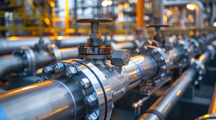 Industrial pipeline system with valves in a processing facility during sunset lighting