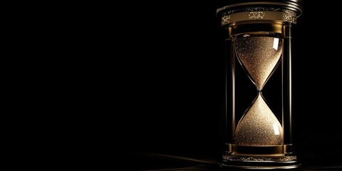 Elegant hourglass with shimmering sand against a dark backdrop representing the passage of time and featuring ample space for text insertion