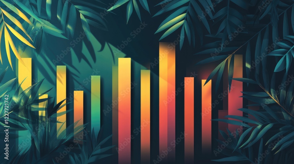 Poster seo strategy visualization with tropical palm leaves and abstract data bars in green and orange tone