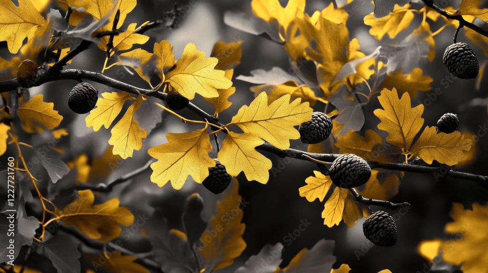 Poster Vibrant autumn foliage with yellow leaves and brown acorns creating a monochromatic backdrop and ample space for text overlay.