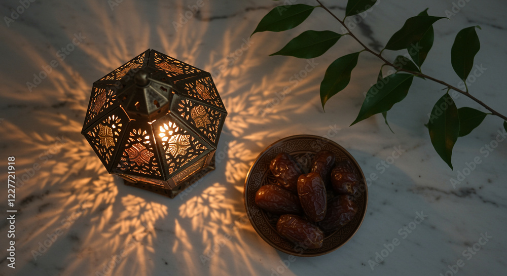 Poster decorative lamp with dates plate on marble surface. lamp with shadows and dates on plate