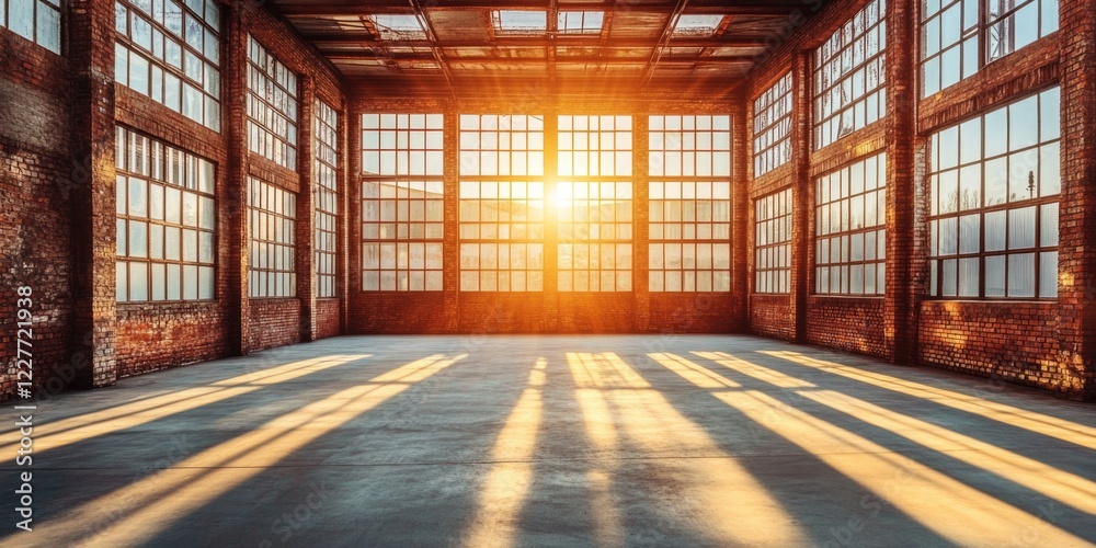 Poster industrial interior with skylight and large windows casting shadows on floor featuring warm natural 
