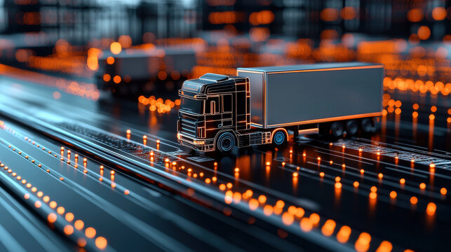 digital truck model on logistics hub with glowing lights, symbolizing modern transportation and delivery systems