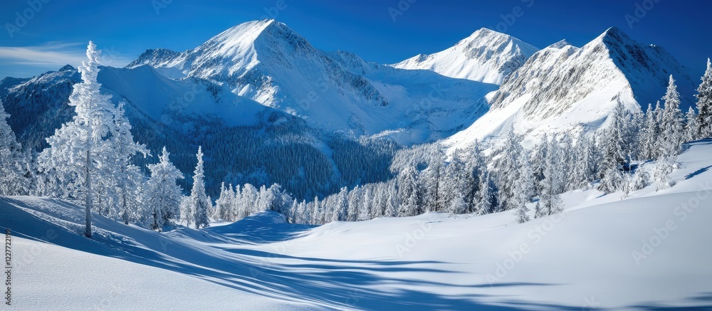 Poster majestic snow-covered mountains and pristine winter landscape with flourishing nature creating a ser