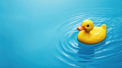 Yellow Rubber Duck Floating in Calm Blue Water with Space for Text or Graphics