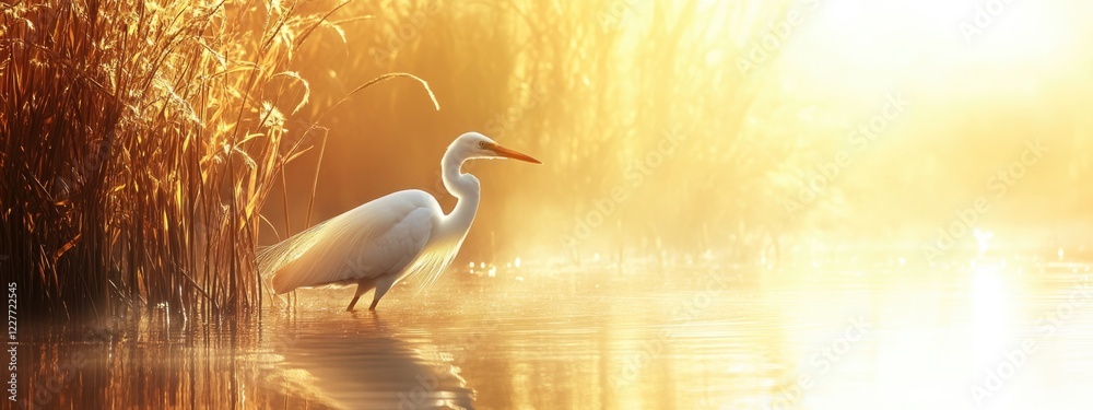 Aufkleber Egret in serene dawn landscape with water reeds and sunlight reflections creating tranquil atmosphere with empty space for text