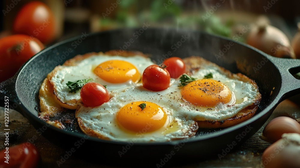 Aufkleber cooking eggs with cherry tomatoes in a rustic cast iron skillet on a wooden table surrounded by fres