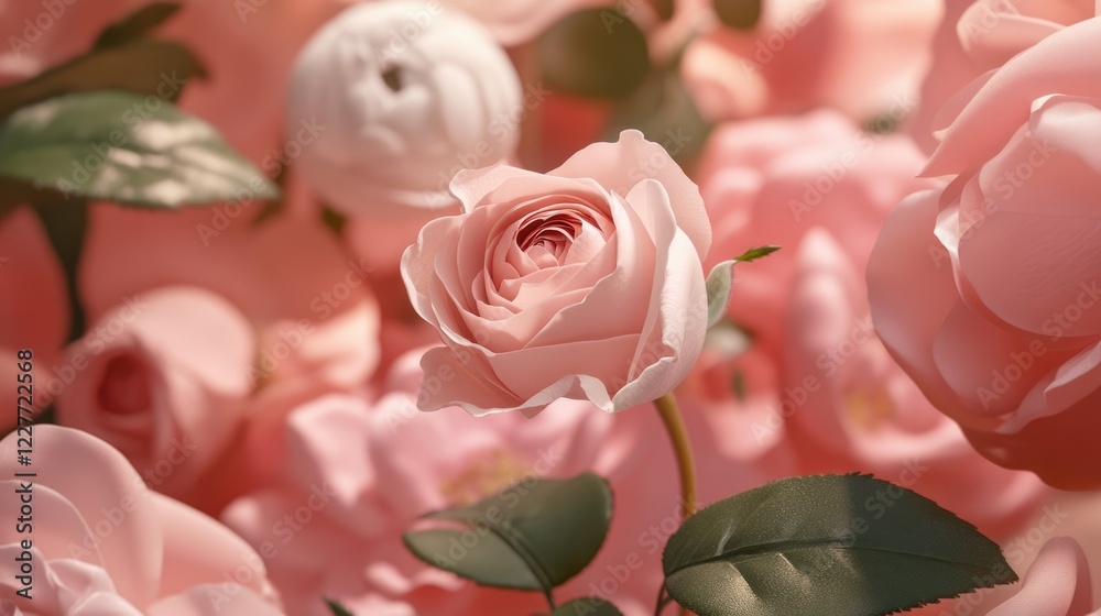 Poster elegant pink roses in full bloom with soft petals and lush green leaves creating a romantic and sere