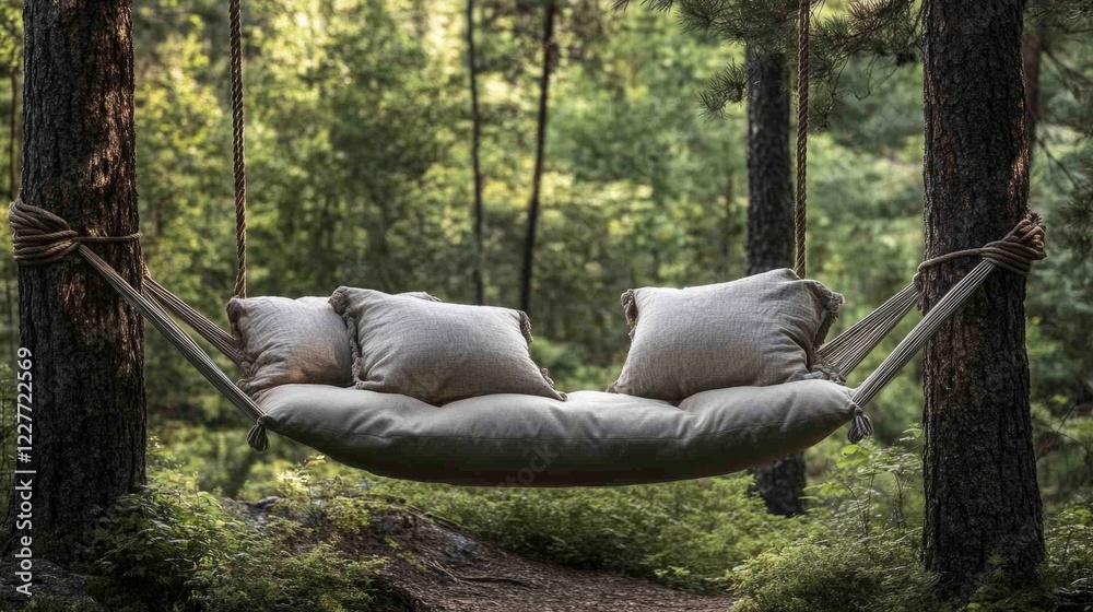 Poster Hammock with pillows suspended between trees in a serene forest setting ideal for relaxation and tranquility in nature.