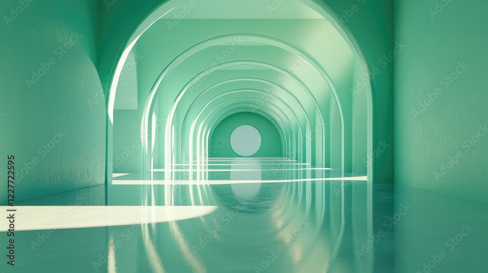 Poster minimalist mint green tunnel interior with reflections and arched design elements in modern architec