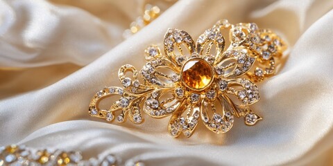 Fototapeta premium Elegant gold vintage brooch adorned with intricate detailing and gemstones on soft satin background with space for text inclusion