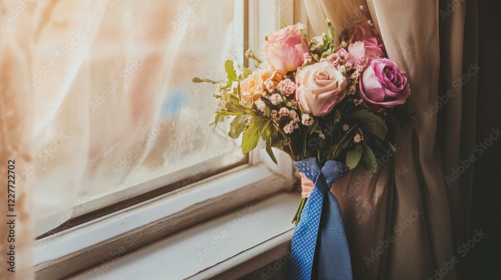 Poster elegant bouquet of roses tied with a blue ribbon resting by a sunlit window with soft drapes creatin