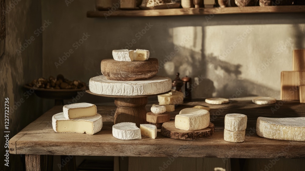 Aufkleber rustic cheese display featuring various hard cheeses arranged artistically on a wooden table in a ch